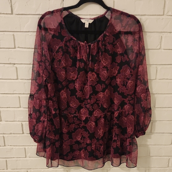 Terra & Sky Tops - Floral Sheer Women's Top - Pink and Black